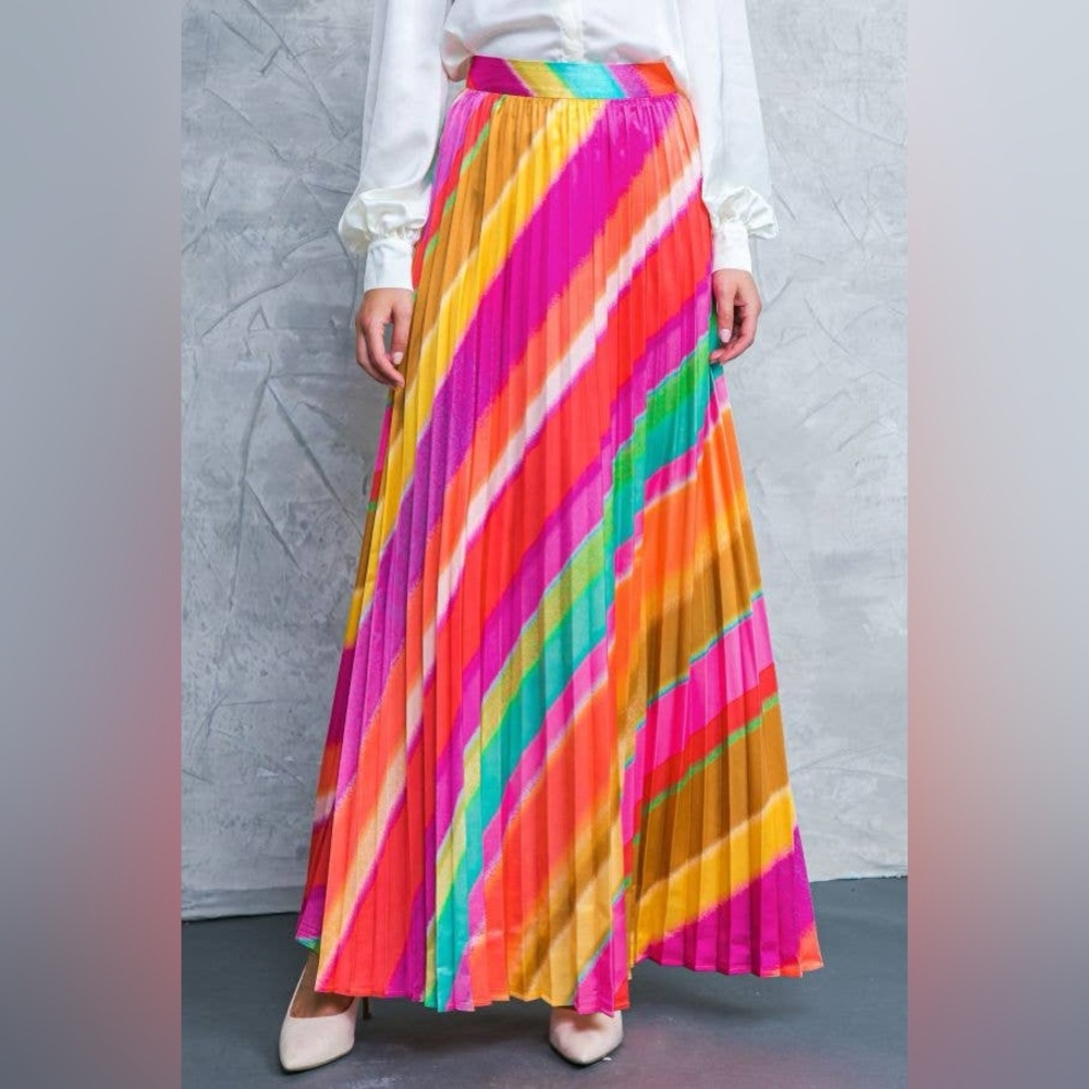 Rainbow Stripe Pleated Skirt